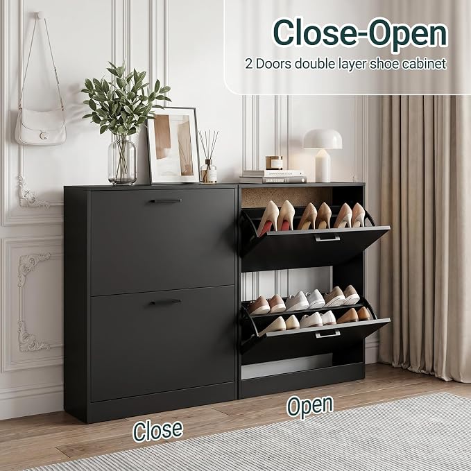 Shoe Cabinet with 2 Flip Drawers, Narrow Freestanding Shoe Organizer for Entryway, Hallway, Living Room, Black