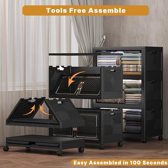 Stackable Storage Bins with Lids, 600QT Closet Organizers and Storage Cabinet with Doors & Wheels, Lockable Plastic Foldable Drawers for Bedroom Dorm Office Garage（120QT*5,Black）