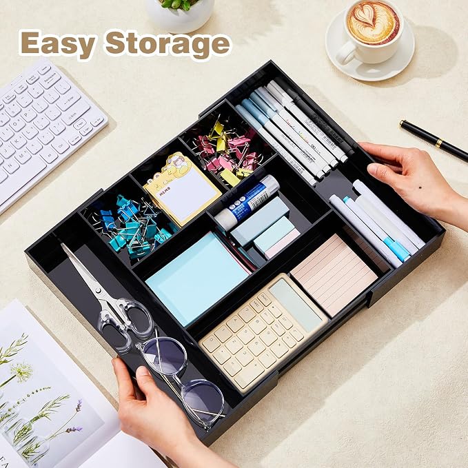 Briwooody Black Acrylic Drawer Organizer Expandable,8 Compartments,Large | 9'' up to 18'' x 12'' x 2.1'' Desk Drawer Organizer Trays Adjustable with Desk Accessories for Makeup Office Bathroom