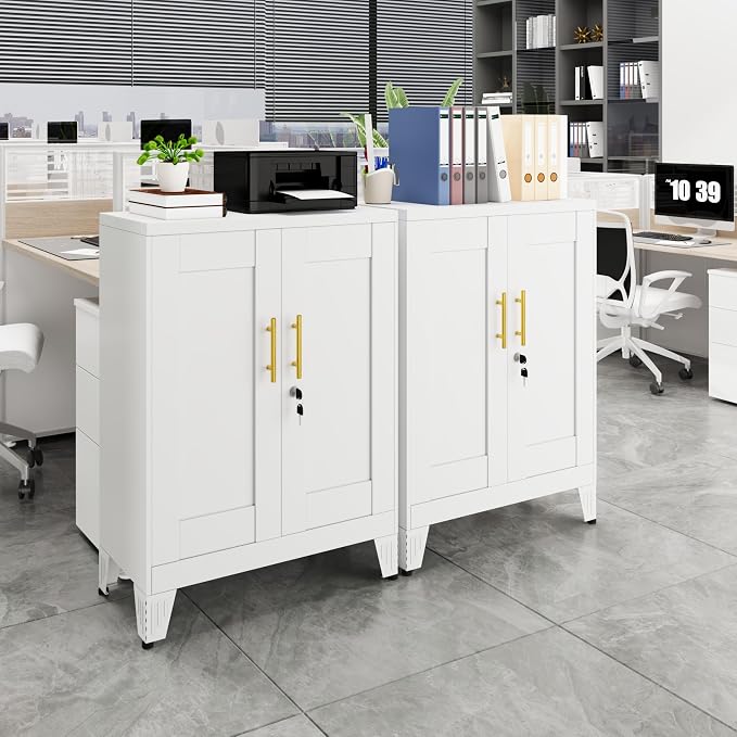 GAIOUS White Metal Pantry Cabinet with Lock(Two Units), Sideboard Buffet | Storage Cabient with Doors and 2 Adjustable Shelves, Multifunctional Kitchen Cupboard for Home Office, Buffet Table