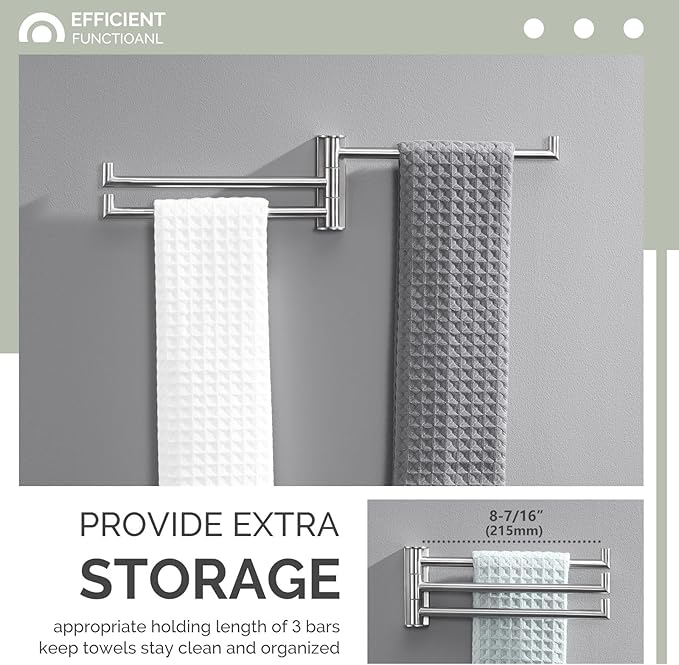 Angle Simple Swivel Hand Towel Holder 3 Bars, Brushed Nickel, 9.84" | SUS304 Stainless Steel Bathroom Kitchen Towel Rack Hanger, Fold Flat to the Wall, Screws Mount