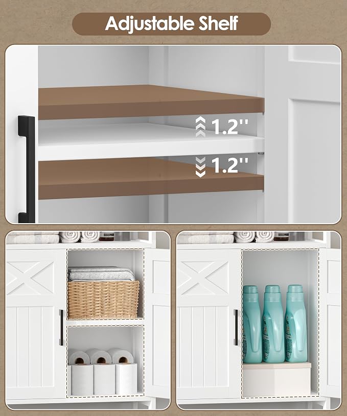 Akxomel Farmhouse Bathroom Storage Cabinet, 11.8" D x 23.6" W Bathroom Floor Cabinet, Small Toilet Paper Cabinet with 2 Doors, Linen Cabinet with Adjustable Shelf for Kitchen, Living Room, White