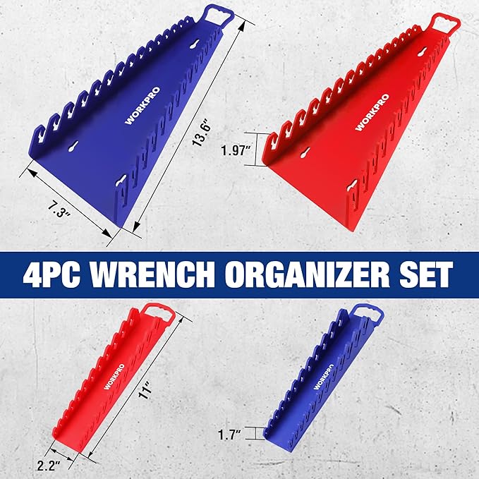 WORKPRO 4-Pack Magnetic Wrench Organizer,15-Slot and 12-Slot Gripper Holder | for Tool Boxes, Flexible Gripping Teeth and Carrying Handle, Fit for SAE and Metric, Blue, Red