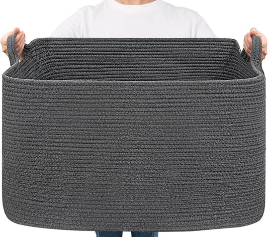 Goodpick Extra Large Woven Storage Basket, Cotton Rope, Dark Gray | 85L, 23.6 x 15.7 x 13.8 in, Living Room, Bedroom & Nursery Organization, Blankets, Clothes, Toys & Pillows Storage