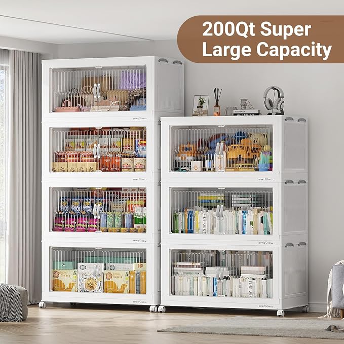 BROVIEW 800 Qt Extra Large Stackable Storage Bins with Lid, Plastic Closet Organizer and Storages Drawer, Collapsible Storage Box with Wheel, Folding Storage Cabinet for Closet Organizing, 4Pack White