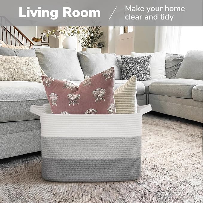 Goodpick 50L Large Woven Blanket Basket, 18" x 14" x 12", Gradient Gray | Blankets, Toys & Nursery Essentials Storage, Living Room & Bedroom Organization, Built-In Handles, Modern Home Decor