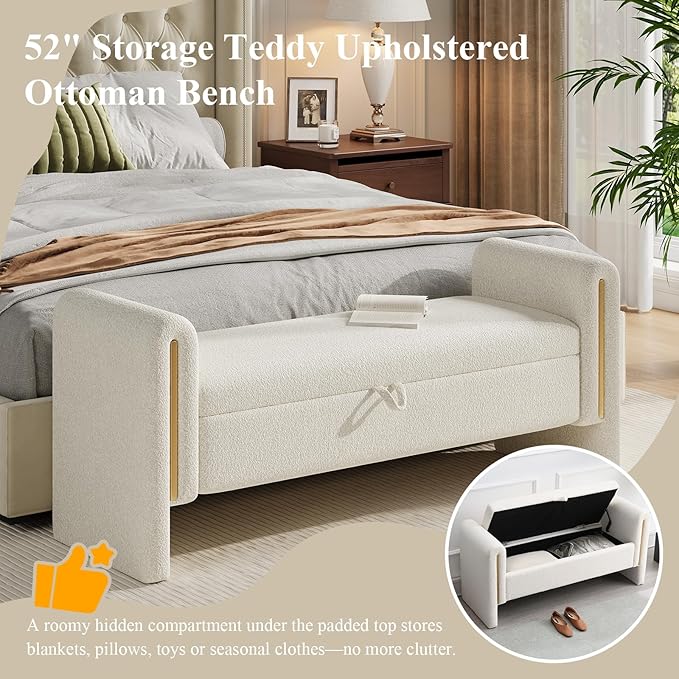 Storage Ottoman Bench, End of Bed Bench with Pull-Ring | 52" Teddy Upholstered, Window Bench with Armrest, Generous Storage, Safety Hinge, Holds 300 LBS, for Bedroom, Cream