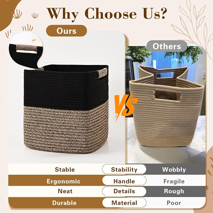 13 Inch Storage Cubes, 3 Pack Cube Storage Bins for Organizing, Cotton Rope Woven Baskets for Shelves, Bathroom, Kids Room, Closets, Baby Nursery