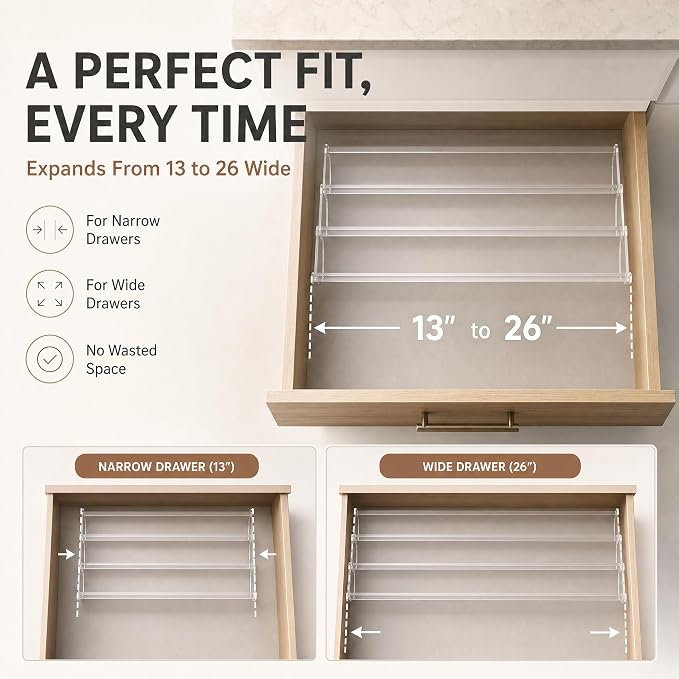 Acrylic Spice Drawer Organizer 4 PK, Expandable 13"-26" Acrylic Spice Rack for Drawer Seasoning Organizer Tray, Shelf Stackable 4-Tier Herb Jar Rack Insert for Kitchen Cabinet, Herb Jars Not Included