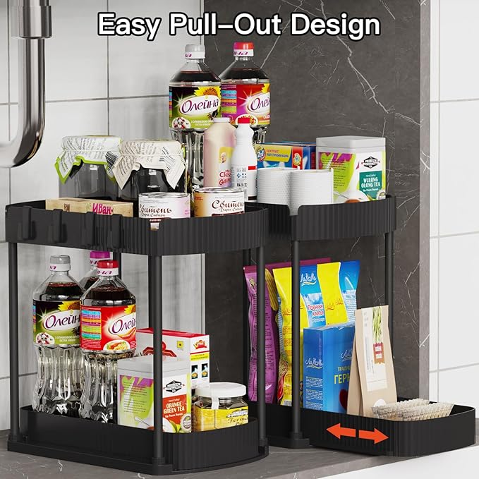Ukeetap 2 Pack Multi-Purpose Pull-Out Storage Organizers, Under Sink Organizers and Storage for Bathroom & Kitchen, Under Cabinet Organizers and storage, 14.8 Inch, Black
