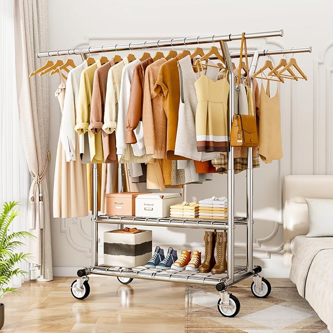 HYSEYY Heavy Duty Clothes Rack, Rolling Clothing Rack With Shelves Load 620 LBS, Double Rod Clothing Racks for Hanging Clothes, Portable& Adjustable Clothes Rack with Wheels Garment Rack