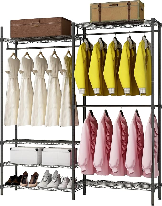 XIOFIO Heavy Duty Garment Rack, Metal Clothing Rack with 3 Hanging Rods and 6 Adjustable Shelves, Freestanding Open Wardrobe Organizer for Hanging Clothes,54"L x 16.5"W x 76.7"H Max Load 600LBS, Black