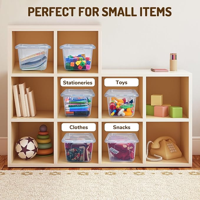GAMENOTE 6 Quart Stackable Plastic Storage Bins with Lids, 6 Pack, Clear | Stackable 6-quart bins with lids organize classroom supplies, crafts, toys and building blocks for Classroom & Kids Toy