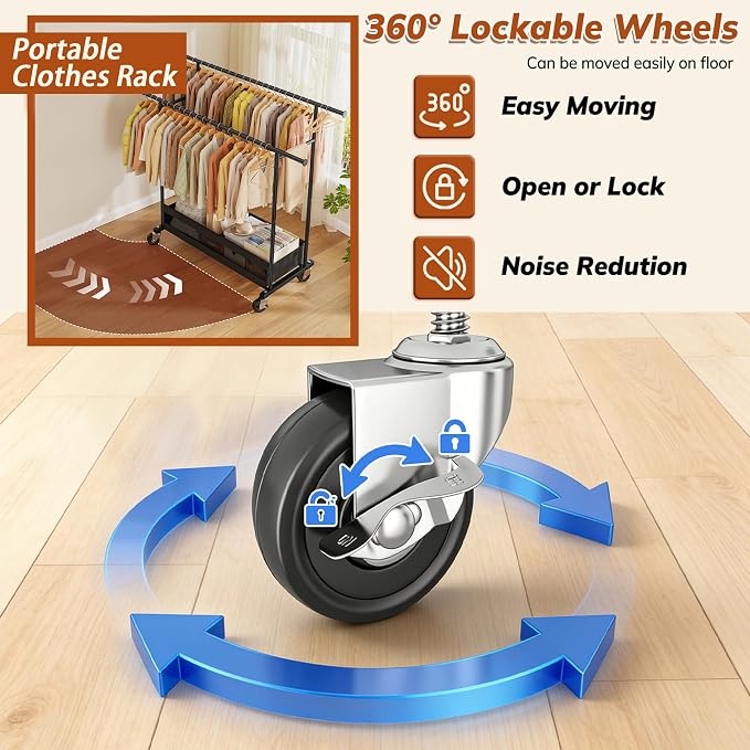 Clothes Rack 210 LBS Double Rods Extra Storage Basket | Rustproof Coated Steel, Anti-bending Design, 360° Sturdy Wheels, 10-Min Tool-Free Assembly, Metal Garment Rack for Home