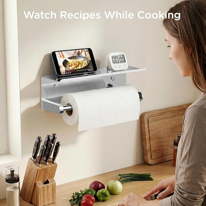 FORIOUS Wall Mount Paper Towel Holder with Shelf for Kitchen, Chrome | Heavy Duty SUS304 Stainless Steel Paper Roll Organizer with Storage Spice Shelf, Screw-in for Bathroom, RV & Garage