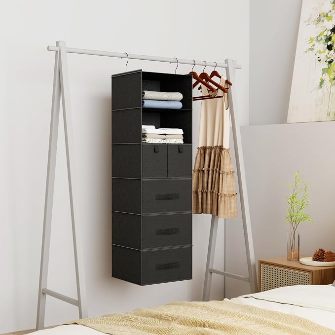 6-Shelf Hanging Closet Organizer with 5 Drawers, Non-Woven Storage, Black | Spacious compartments sort clothes & undergarments; foldable drawers add hidden storage for closets, wardrobes or RVs.