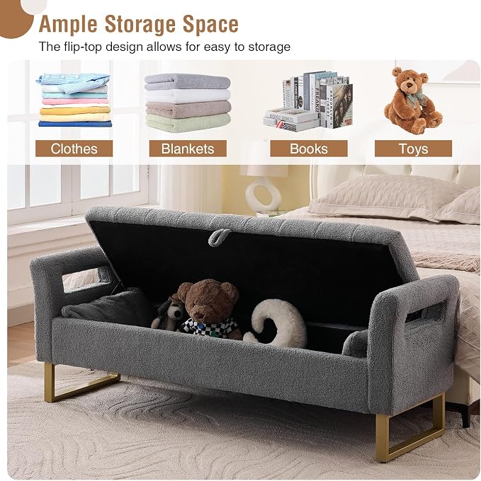 66" Storage Bench for Bedroom Upholstered End of Bed Bench King Size Grey | Long Bedroom Benches for Foot of Bed King,Teddy Storage Bed Bench with Gold Legs,2 Pillows for Entryway Windows Cloakroom