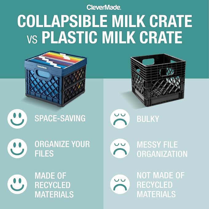 CleverMade Collapsible Milk Crate, 25L, 50 lb, Obsidian | Built-in rails hold letter-size hanging files. Interlocking crates stack open or folded and carry up to 50 lb each.