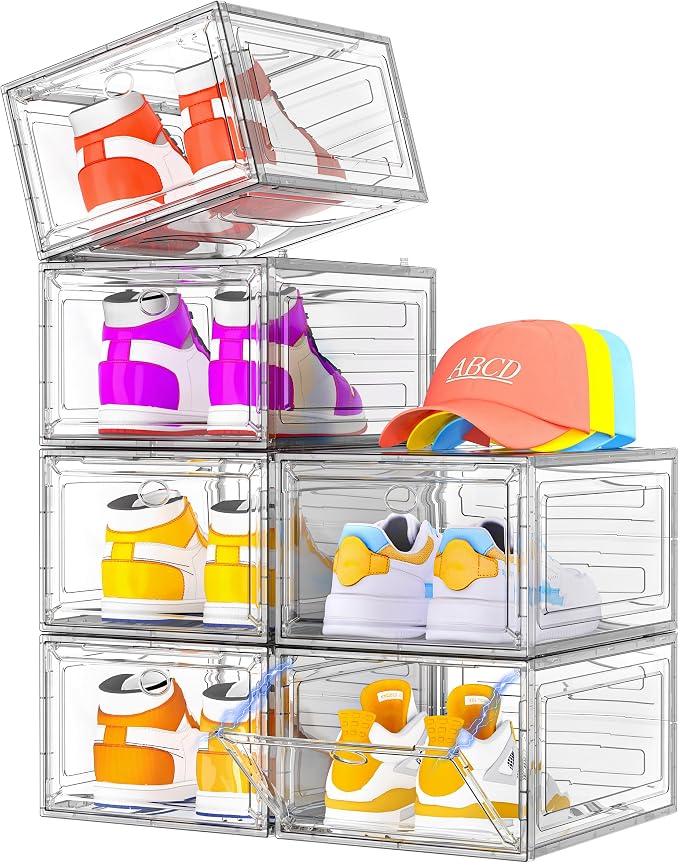 Sturdy Clear Shoe Organizer with Magnetic Door, Stackable Shoe Storage Box | Thick Plastic Shoe Storage for Sneakers & Boots, Collapsible Closet Shoe Rack and Clear Shoe Box, 6 Pack White