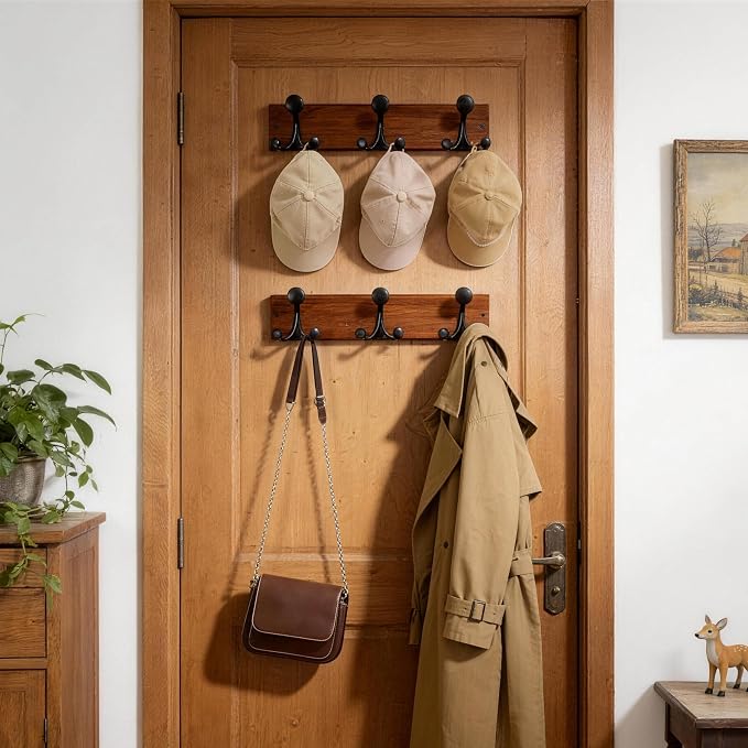 WEBI Coat Rack Wall Mount,17" Solid Wood Coat Hooks Wall Mounted Coat Hanger,16" Hole to Hole,Heavy Duty 3 Triple Hooks for Hanging Coats,Jacket,Hat,Backpack,Farmhouse,Reddish Brown,2 Packs