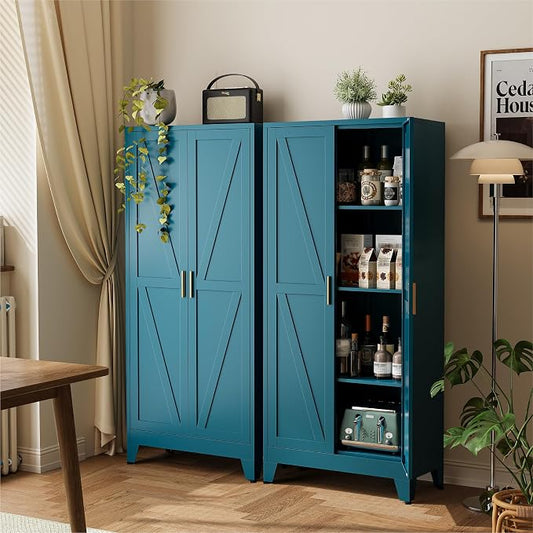 COFaR 61" Metal Pantry Cabinet in Peacock Blue, Farmhouse Storage Cabinet with Adjustable Shelves, Sturdy Freestanding Cupboard for Kitchen Organization, Bathroom & Living Room