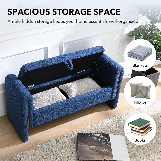 52" Flip-Top Storage Ottoman Bench, Teddy Entryway Bench (Blue) | Teddy Fleece Upholstered End of Bed Bench with Armrests, Soft Padded Window Bench for Living Room Bedroom Entryway