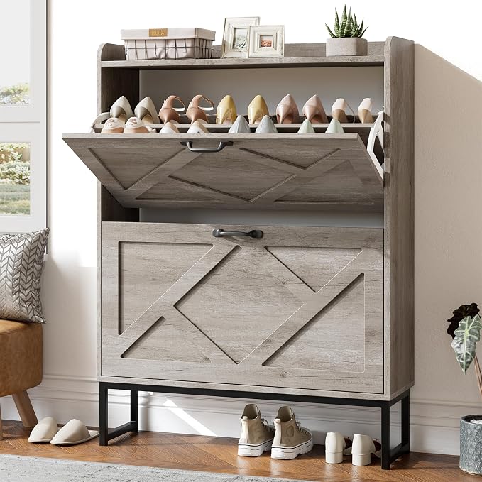 Nicetree Shoe Storage Cabinet with 2 Flip Drawers, Entryway Organizer, Gray | Slim Shoe Cabinet with Metal Legs, Narrow Farmhouse Shoe Organizer for Entryway, Foyer, Hallway, Wood Shoe Rack with Hook