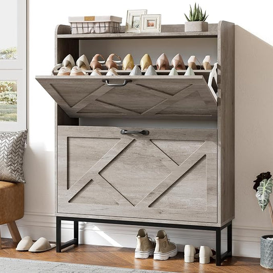 Nicetree Shoe Storage Cabinet with 2 Flip Drawers, Entryway Organizer, Gray | Slim Shoe Cabinet with Metal Legs, Narrow Farmhouse Shoe Organizer for Entryway, Foyer, Hallway, Wood Shoe Rack with Hook