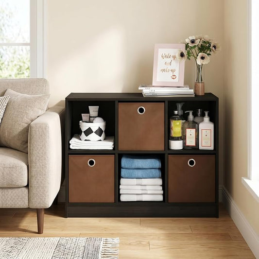 6-Cube Bookshelf with Storage Bins, Cube Bookcase, Book Shelf with Storage Bins, 11.9 x 31.6 x 23.6, for Organization and Storage, Home Office, Living Room, Espresso