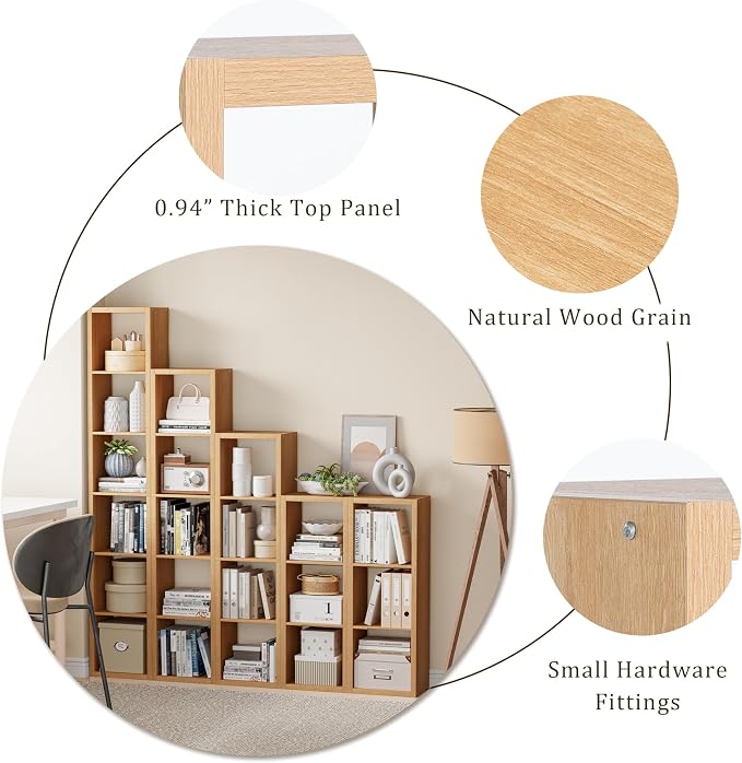 VDNEND Cube Storage Organizer Bookcase, Decorative 11 inch Open Back Cubical Shelf with Thickened Border, Display Bookshelf for Living Room, Home Office, Sturdy Room (Natural Oak, 7 Cube,Standard)