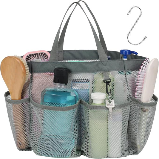 Mesh Shower Caddy Portable - 8 Pockets, S-Hook, Shower Bag for Dorm Camping | 2-Handle, Quick-Dry, Hanging Toiletry Organizer, College Dorm Room Essentials for Girls, Gym, Travel & Bathroom, Grey
