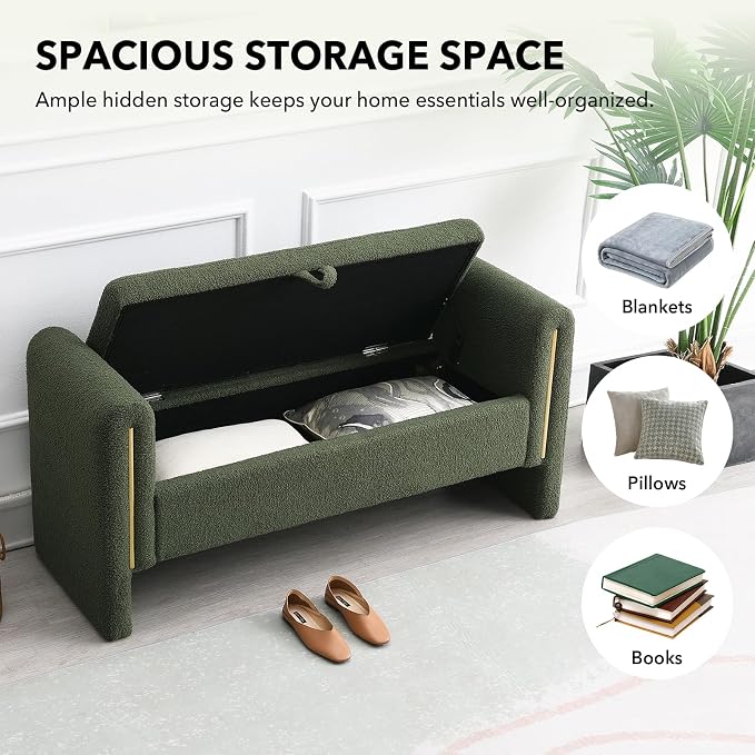 52" Flip-Top Storage Ottoman Bench, Teddy Entryway Bench (Green) | Teddy Fleece Upholstered End of Bed Bench with Armrests, Soft Padded Window Bench for Living Room Bedroom Entryway