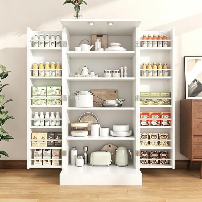 kepptory 47" Kitchen Pantry Cabinet with Doors and Adjustable Shelves, Freestanding Pantry Storage Cabinet, Farmhouse Buffet Cupboard for Kitchen, Dining Room, Living Room, White