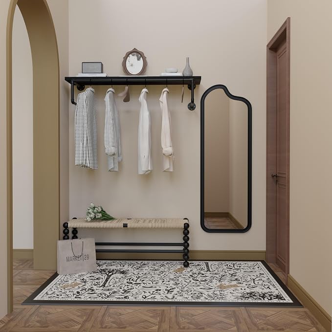 Clothes Rack 42in, Wall Mounted Garment Racks with Real Black Wood Shelf, Heavy Duty Hanging Clothes Rack, Multi-Purpose Hanging Rod, Space-Saving Closet Storage