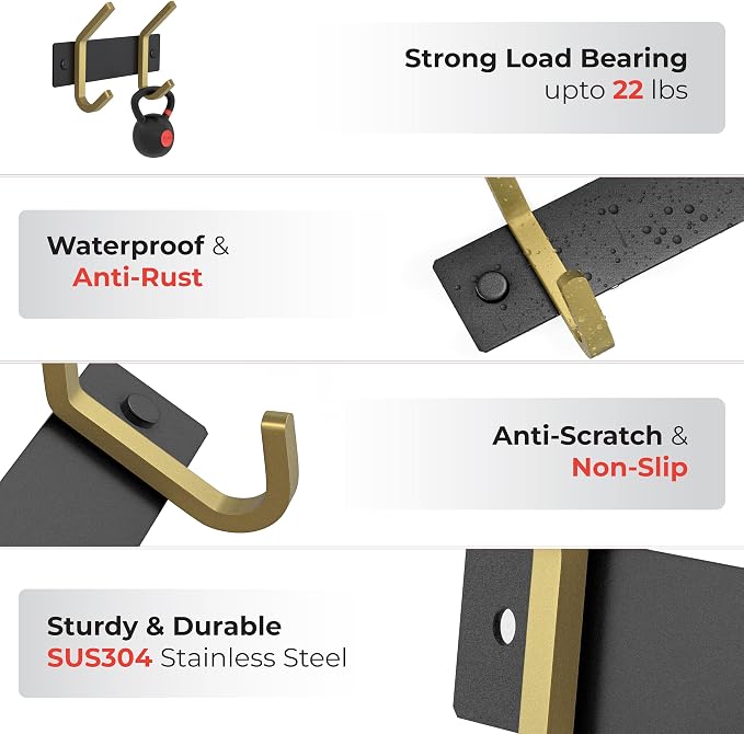 Small Coat Rack Wall Mount – Black and Gold Hook Rail with 2 Double Coat Hooks, 6 Inch Stainless Steel Wall Hooks for Entryway, Bathroom, Bedroom, Closet, Towel, Hat, Bag, Heavy Duty Organizer