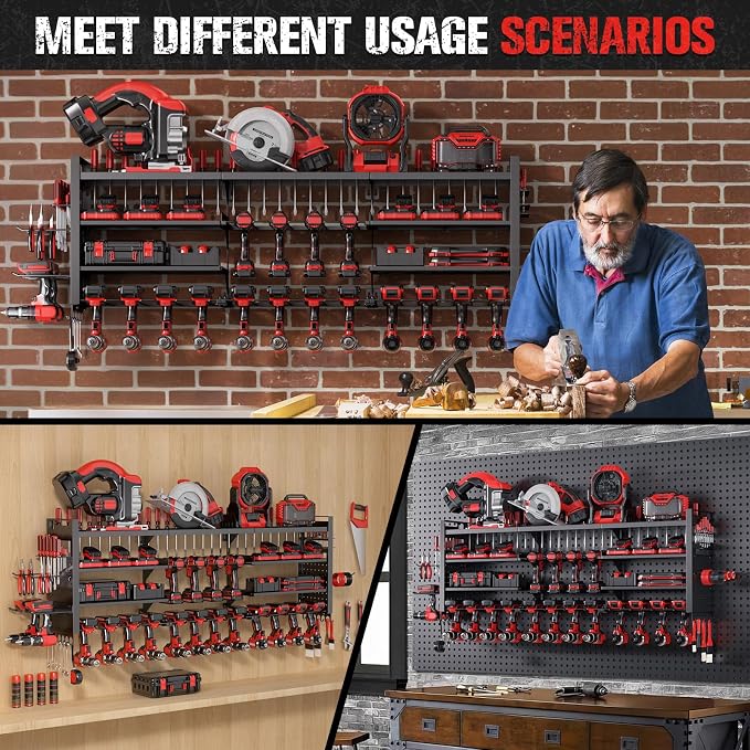49.8" Power Tool Organizer Wall Mount,Holds 18 Cordless Drills | Large 4-Tier Tool Storage Rack, Heavy Duty 450 lb Load Capacity for Garage Workshop, Black, Gift for Men