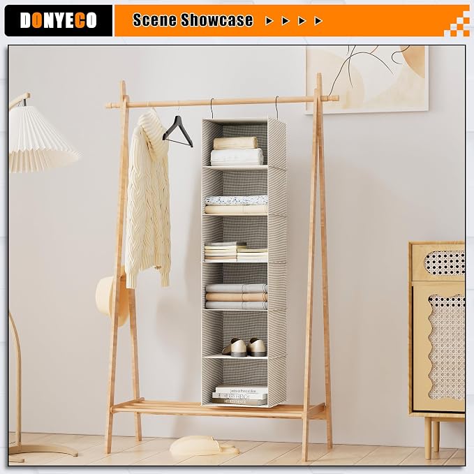 Hanging Closet Organizer 6-Tier, Oxford Wardrobe Storage, Beige Houndstooth | Easy-mount foldable design holds clothes, handbags, shoes & accessories; washable Oxford fabric, sturdy and space-saving.