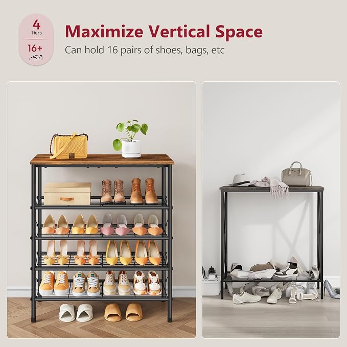 5 Tier Shoe Rack for 16-20 Pairs of Shoes, Rustic Brown & Black | Sturdy & Durable, X Shape Fixed Frame, Metal Mesh Shoe Shelf, Industrial, For Closet, For Entryway Shoe Storage