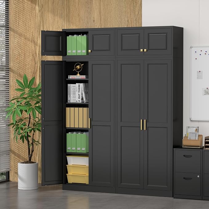 Steeloong 86"Metal Pantry Storage Cabinet with Doors & 4 Adjustable Shelves | Kitchen Pantry Cabinet,Black Kitchen Cabinet with 4 Gold Handles,Tall Cabinet for Livingroom,Pantry, Bathroom,Kitchen,Garage