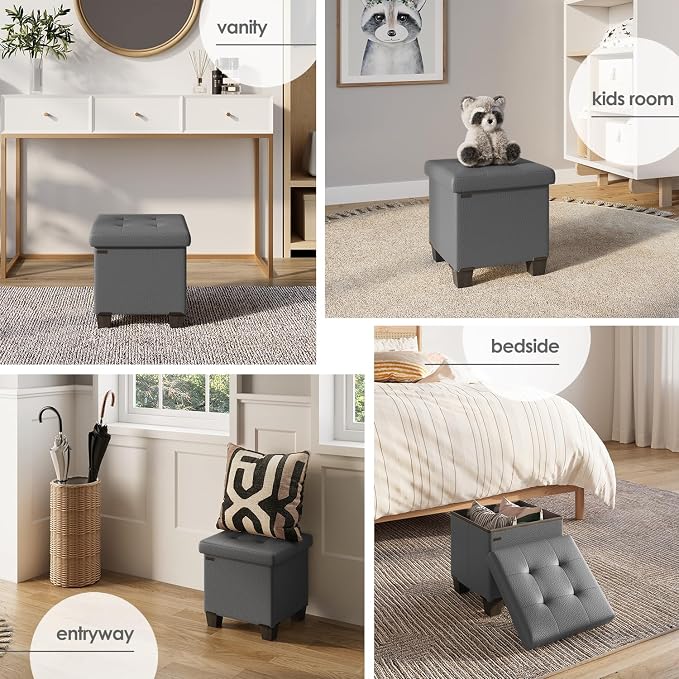 Storage Ottoman Cube with Small Bin, 15-in Square Ottoman with Storage for Living Room and Bedroom, Small Ottomans Foot Rest, Faux Leather Foot Stools Ottomans Max 330lbs, Grey