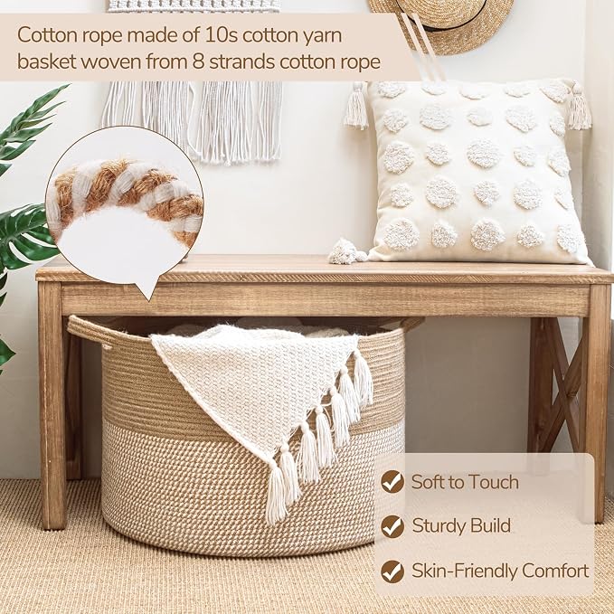 INDRESSME XXXLarge Woven Wicker Blanket Basket Living Room White Jute, 90L | Wicker baskets for organizing shoe, dog toys & pillows. For living room bedroom or nursery decor. soft-touch with handles
