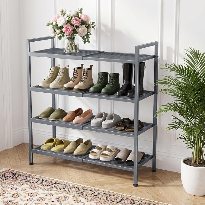 Shoe Rack, Expandable Shoe Rack for Closet, Adjustable Shoe Organizer for Entryway, Shoe Storage Organizer for Door Entrance, Garage, Bedroom (Grey, 4-Tier)