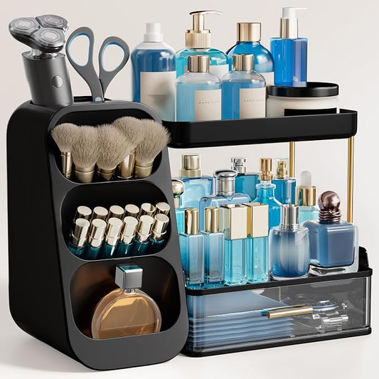 HBlife Bathroom Organizers and Storage with Brush Holder for Vanity, 3 Tier Plastic Makeup Organizer for Dresser Counter, Skincare, Lipstick, Perfume, and Cosmetic Storage, Black