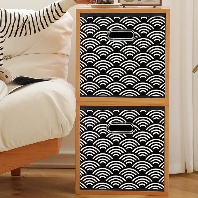Fabric storage bins Cubes, Fabric Cube Organizer with Handle, Foldable Cube Bins for Cloth or Accessary Storage, 11x11x11, Set of 3, (Black clouds)