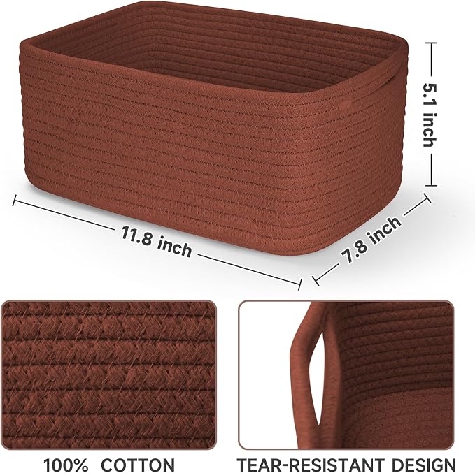 3-Pack Shelf Baskets for Organizing, Closet Organizer Bins, Small Woven Baskets, Rope Toy Basket, Storage Basket for Shelves, Cube Decorative Box, 11.8×7.8×5.1”, Oxide Red