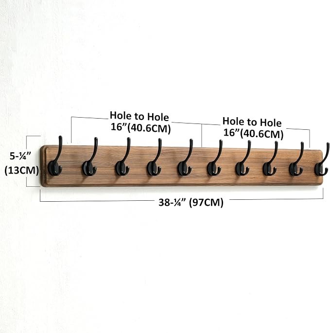 Wall Mounted Coat Rack: 38-1/4" Long, Patented, Heavy-Duty, 10-Double-Hooks Wooden Hanger Rail for Winter Coats, Hat, Jacket, Clothing - Natural & Black