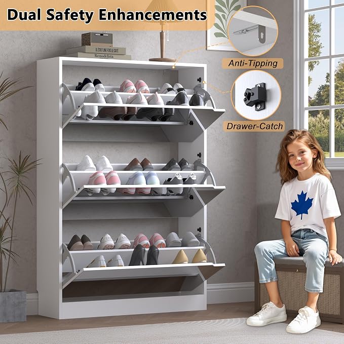 BORNOON Shoe Cabinet with 3-Flip Mirror Drawers, Freestanding Shoe Rack Organizer with Hidden Handle, Slim Narrow Shoe Storage Cabinet for Entryway, Entrance, Hallway, Bedroom