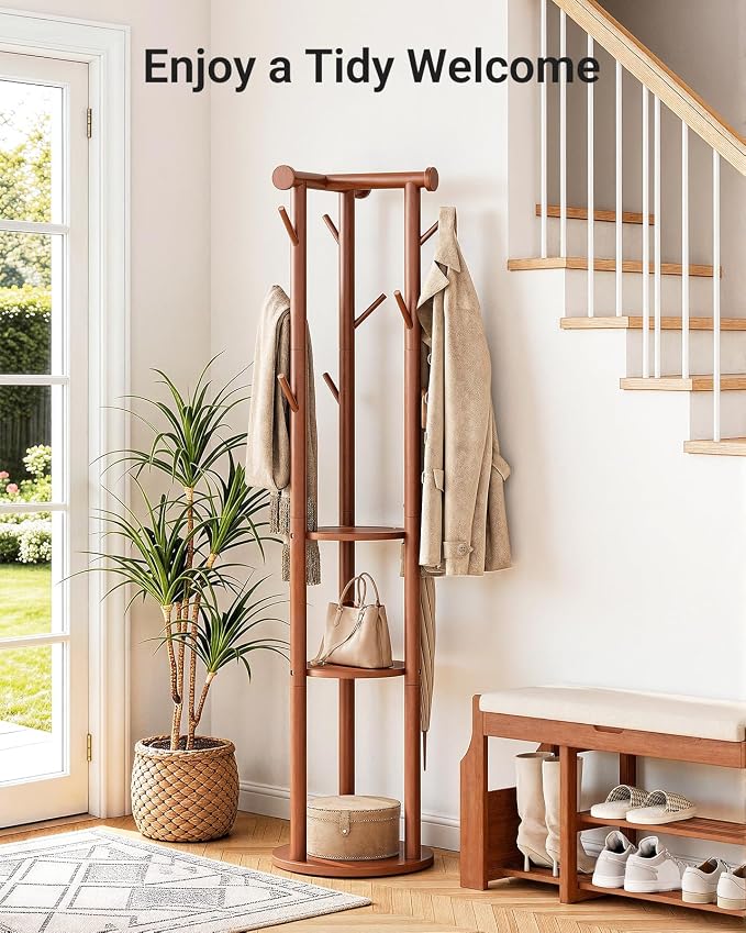 Pipishell Solid Wood Freestanding Coat Rack with 5 Wheels, 9 Hooks, Shelves | 100% pine wood, 5 smooth-rolling wheels, 3-tier storage shelves, thickened base, T-shaped top for balance, CARB-certified