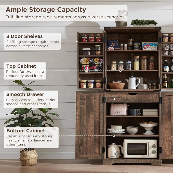 72" Tall Wooden Pantry Storage Cabinet with Door Shelves & Drawer | Farmhouse, Barn Doors, Adjustable Shelves, Freestanding, Anti-tip Kit, for Kitchen, Dining Room, Living Room