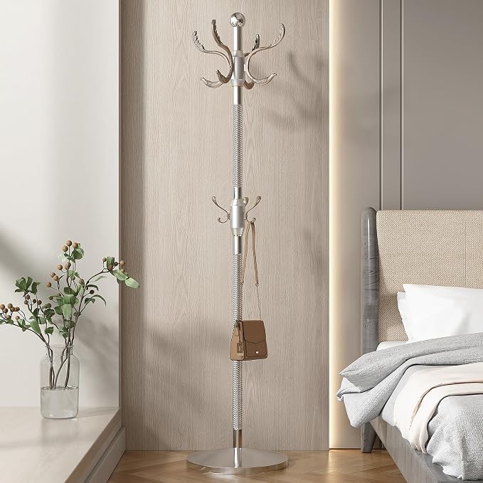 Metal Coat Rack Stand Coat Rack Freestanding with 12 Hooks,Silver | Sturdy Heavy Duty Modern Coats Tree for Bags Clothes Hall Tree Hats Hanger Holder Stand for Entryway Bedroom Hallway Office
